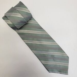 Calvin Klein Mens Sage Green w/Gray & White Stripes 100% Silk Necktie 60x3.5